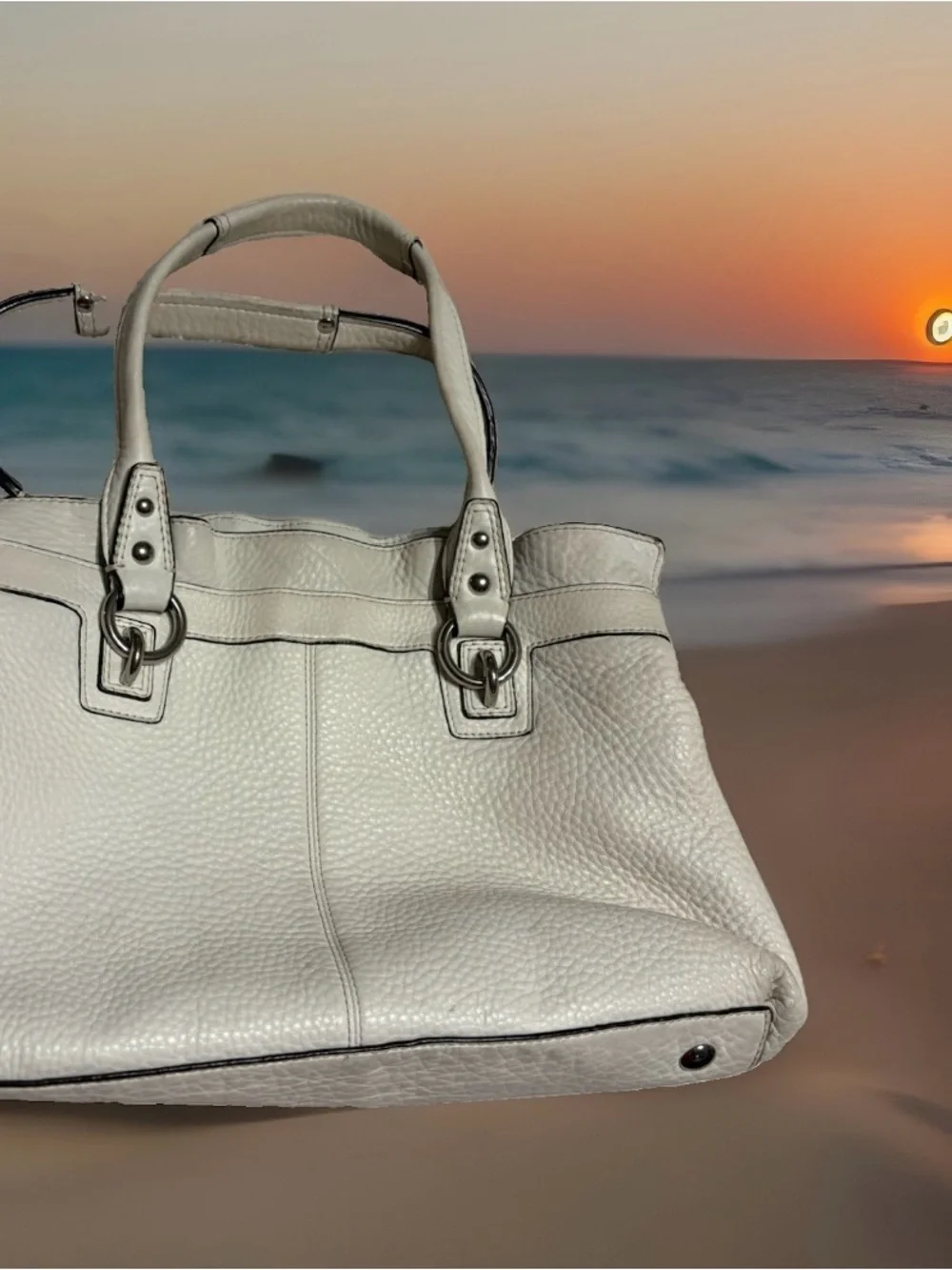Textured Cream Shoulder Satchel with Yellow Accent